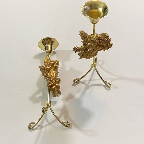 Vintage Other - VTG,Metal And Resin Cherub Charming Gold Angel Taper Candle Holder Wall Hooks